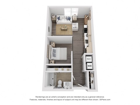 Floor plan for studio, 1 bath, 596 sqft